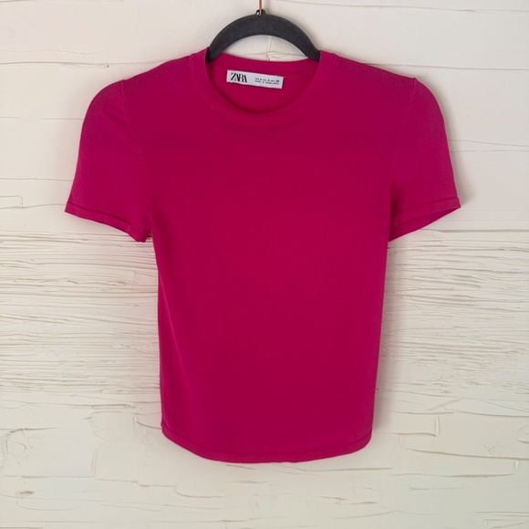 Zara Basics | Size S | Fine Knit Dark Pink Tee - Picture 2 of 7